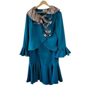 VTG DONNA VINCI Skirt + Jacket Set Blue Teal Women's Sz 16 Formal Maximalist